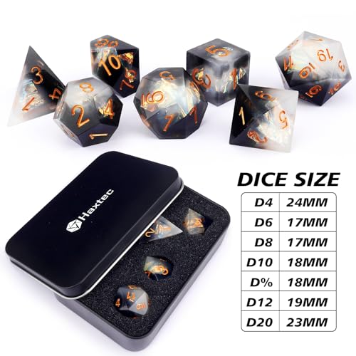 Haxtec Sharp Edge DND Dice Set, Iridecent Resin Polyhedral RPG Dice | Black White Galaxy D&D for Table Games, Compatible with Dungeons and Dragons, Handmade 7-Die with Metal Case, MTG Gifts - color: Black White