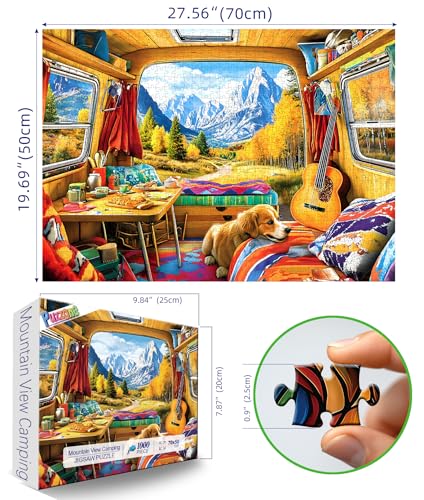 Puzzles for Adults 1000 Pieces Fall Mountain Camping Jigsaw Puzzles | Dog Animal Landscape Jigsaw Puzzles 1000 Pieces for Adults with Letter Challenging Game Nights, Dust Free, 27.5 x 19.7 Inches - color: Yellow - Mountain View Camping