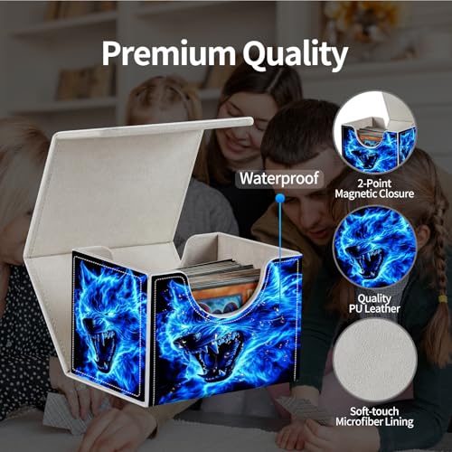 PU Leather Deck Box for MTG Commander Cards, Fits 100+ Double Sleeved Cards, Secure Magnetic Trading Card Storage Case for TCG CCG,Blue Flaming Wolf Spirit - color: Blue Flaming Wolf Spirit