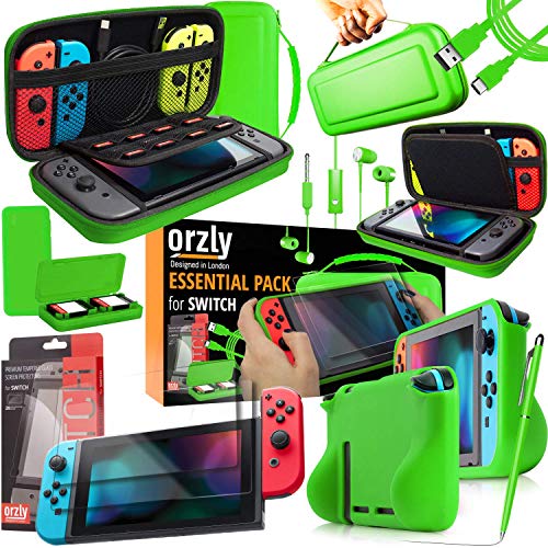 Orzly Essential Accessories Bundle for Nintendo Switch 1 & OLED, Green | Carry case, Screen protectors x2, Comfort grip case, Game cartridge case, USB charging cable, Wired earbuds, Stylus pen - color: Green, size: 6.2 inch Switch 1