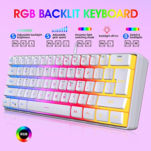 DGG 60% Wired Gaming Keyboard, Pudding Keycaps with Translucent Layer, RGB Backlit Ultra-Compact Small Keyboard, Waterproof Mini Compact 61 Keys Keyboard for PC/Mac Gamer, Typist, Travel, White - color: White