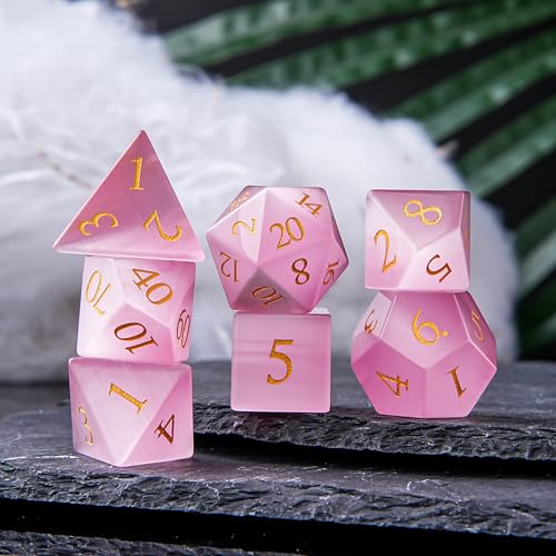 Pink Cat's Eye Crystal DND Dice Set 7 PCS Gemstone Suitable for Dungeons and Dragons D & D RPG Games - color: Pink Cat Eye