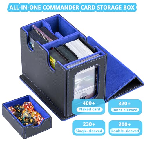 MTG Deck Box for Commander with Dice Tray,Designed for MTG Commander | Card Deck Box Fits 200+ Double Sleeved Cards,Card Storage Box with 3 Dividers 2 card holder - color: Blue
