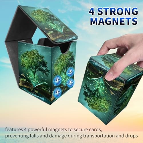 Green Tree Card Deck Case, MTG Commander Deck Storage Box for 100+ Sleeved Cards with PU Leather and Magnetic Closure - color: Card Deck Box-594