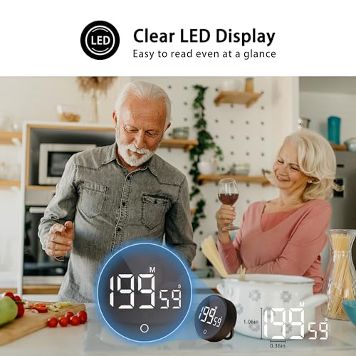 Digital Kitchen Timers, Magnetic Rotary Timer with Large LED Display, 3 Volume Levels, 0-199Min Countdown/Up, Easy Operation for Cooking, Studying, Fitness, Kids & Seniors - color: Black