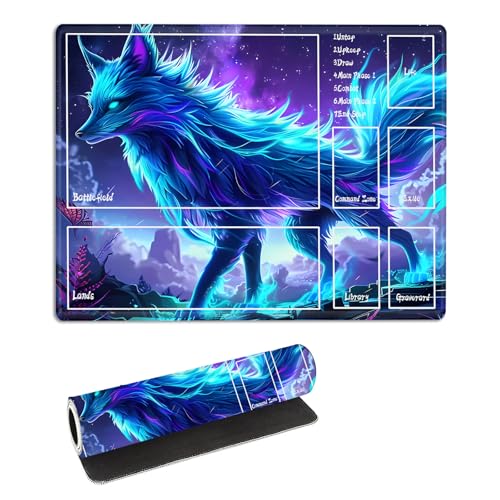 for MTG Playmat with Zones Storage Bag,for TCG Playmat and Playing Card Mat for Magic Board Games, Glowing Fox Non Slip Stitched Edges Game Mat, Rollable Foldable Card Play mats - color: Glowing Fox, size: With Zone 17.32''x13.78''