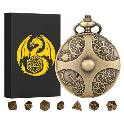 Mini DND Dice Set with Bronze Steampunk Gear Pocket Watch Shell Case, 7pcs Polyhedral Metal DND Dice Set, D&D Gifts with Gift Box, Role Playing Board Games DND Accessories - color: Gear