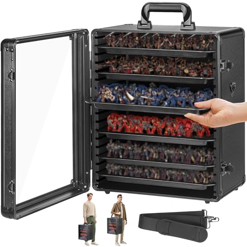 ONULISS Miniature Carrying Case with 6 Metal Trays (Black, Large Size) | Miniatures Storage & Transport Case - Aluminum Alloy Frame & Shoulder Strap for Display Figure Collectibles, 13.8”x10”x16.5” - color: Void Black