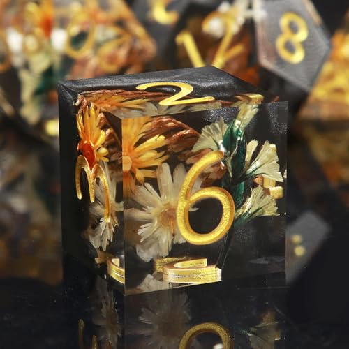 Haxtec Flower DND Dice Set Sharp Edge Resin Polyhedral Dice, Floral D&D Dice with Metal Case, Handmade Flower Inside Dice Set for Dungeons and Dragons TTRPG, Winter Black DND Gift - color: Black