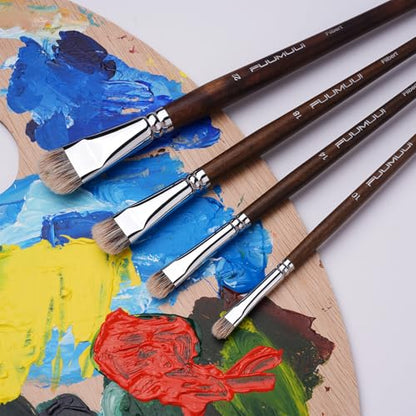 Fuumuui Professional Paint Brush Set, 4Pcs Natural Badger Hair with Filbert Shape Blending Mop Oil Paint Brushes for Acrylic Painting Oil and Gouache - style: Filbert