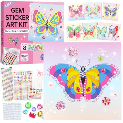 Gem Art Sticker Kit,Diamond Art Sticker Crafts for Kids Ages 4-12 | 8 Butterfly Theme, 1000+ Gems, No glue, No mess, Gemstone Sticker Arts and Crafts for Kids, Christmas Birthday Gift for Girls - color: Rose-Butterfly
