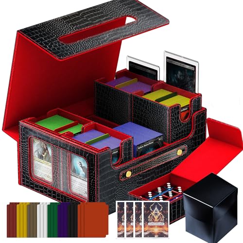 Commander Deck Box for MTG, 6-Deck Modular Card Case with Dice Tray, Holds 600+ Double-Sleeved Cards and 35PT Magnetic Card Holders for Trading Cards & TCG Collections Black/Red - color: Black&Red - Clutch Texture