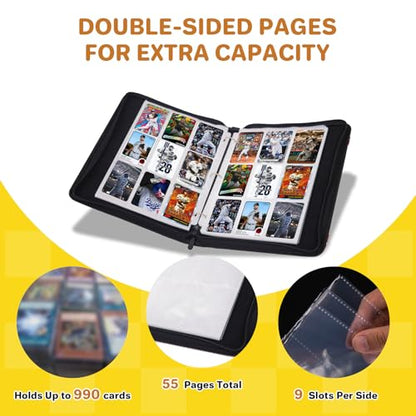 Baseball Card Binder, Sports Trading Card Binder 990 Pockets Card Holder Album with 55 Removable Sleeves, Double Sided Pocket Zipper Card Binder for MTC, TCG, Game Cards, Sports Cards