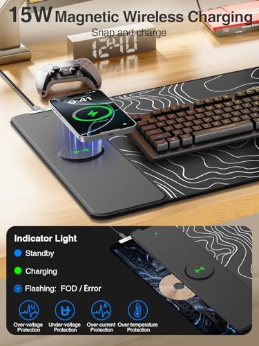 Magnetic Wireless Charging Mouse Pad, 31.5"x15.8" Large Desk Mat | Waterproof Mousepad, Smooth Glide, Stitched Edge, Non-Slip Rubber Base, Desk Pad Computer Keyboard Mat, No Adapter - color: Black-31.5"x15.8"-Mag-Contour