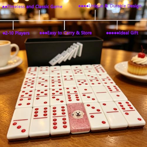 Premium Double 6 Dominoes Set 28 Tiles for Adults,Domino Board Games with Case for for Birthdays, Holidays and Special Occasions (Dominoes-Pink-Dog) - style: Dominoes-Pink-Dog