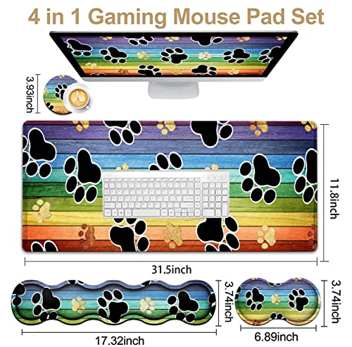 Ergonomic Mouse Pad Set, Desk Mat(31.5×11.8 in) + Keyboard Wrist Rest Support + Mouse Wrist Rest for Office,Home,Computer,Laptop -Rainbow Woodgrain Black Cute Dog Paw Gaming Large Mousepads XXL - color: JV-mouse pad-8-14