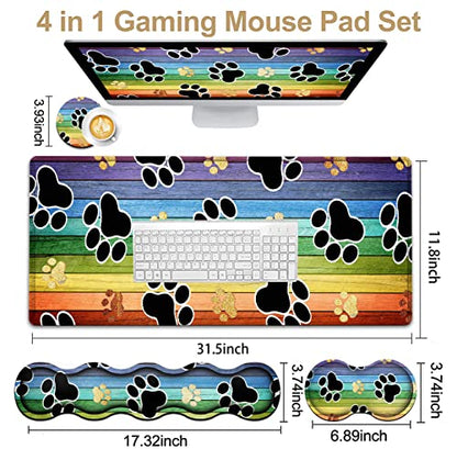 Ergonomic Mouse Pad Set, Desk Mat(31.5×11.8 in) + Keyboard Wrist Rest Support + Mouse Wrist Rest for Office,Home,Computer,Laptop -Rainbow Woodgrain Black Cute Dog Paw Gaming Large Mousepads XXL - color: JV-mouse pad-8-14