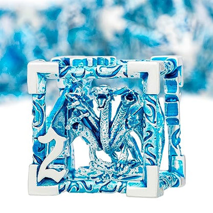 ARUOHHA Hollow DND Dice Set Silver Blue 5-Headed Dragons D and D Dice with Gift Box, Role Playing Games 7PCS Metal Dungeons Polyhedral Dice RPG Dice Set D20 D12 D10 D8 D6 D4 - color: Silver Blue-02