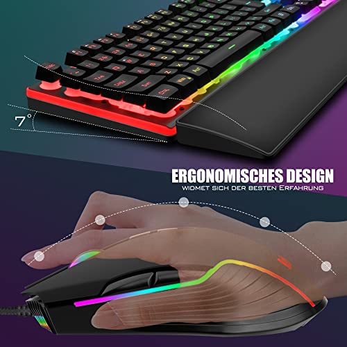 RedThunder K10 Wired Gaming Keyboard and Mouse and Wrist Rest Combo, RGB Backlit, Mechanical Feel Anti-ghosting Keyboard + 7D 7200 DPI Mice+Soft Leather Wrist Rest 3 in 1 PC Gamer Accessories(Black) - color: Black