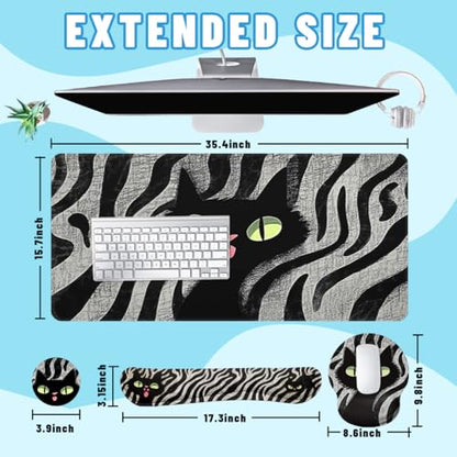 Black Cat Desk Mat Set Cartoon Zebra Large Mouse Pad with Wrist Rest 4-in-1 Desk Mat for Desktop Ergonomic Computer Desk Arm Wrist Anti-Slip Computer Ergonomic Mouse Pad Home Office Gaming - color: Black Cat Cartoon Zebra, size: 34.5" x 15.7"