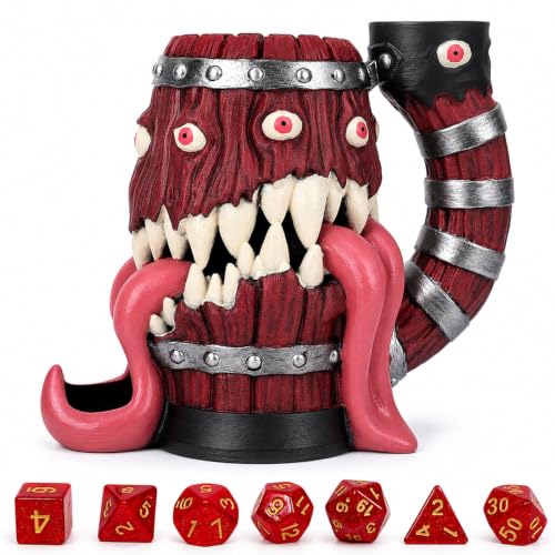 Dice Tower Mug, Dice Rolling Tower, Comes with 7 PCS Dice Set, Suitable for DND Dungeons and Dragons, Tabletop Games, Available As Drink Holder, D&D Gifts, DND Accessories (Wine-red Tongue) - color: Wine-red Tongue
