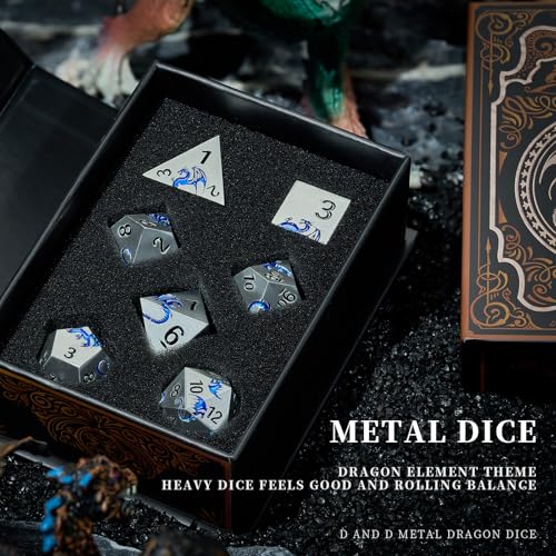 Matte Silver Blue Dragon Metal Dice Set,7 PCS Heavy Zinc Alloy DND Dice with Magnetic Gift Box for Tabletop RPG & Dungeons & Dragons Games (Matte Silver Blue Dragon) - color: Matte Silver With Blue01