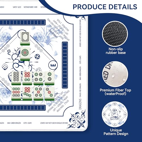 Mahjong Table Mat with Rules 31.5" x 31.5" Neoprene Rubber Square White Gaming Mat - Anti-Slip, Noise Reduction Durable & Easy to Clean for Mahjong Tiles, Poker, Dominoes & Board/Tile Games (White) - color: White