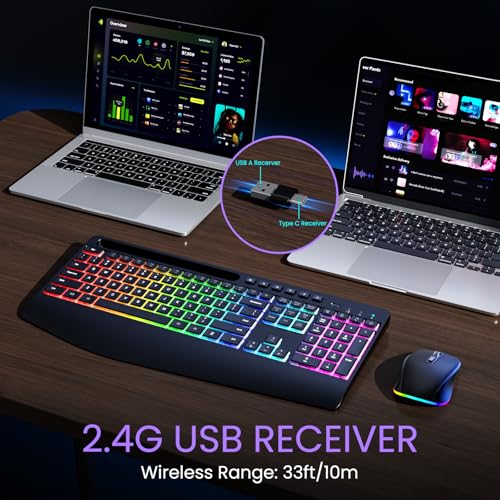 Wireless Keyboard and Mouse Combo- VEILZOR 2.4G Rechargeable Keyboard with Phone Holder, Ergonomic Wrist Rest, 9 RGB Backlit Effects, Silent Keyboard Mouse Set for Windows, Laptop, PC - color: Black