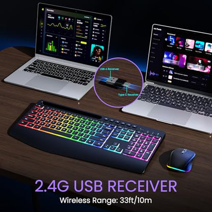 Wireless Keyboard and Mouse Combo- VEILZOR 2.4G Rechargeable Keyboard with Phone Holder, Ergonomic Wrist Rest, 9 RGB Backlit Effects, Silent Keyboard Mouse Set for Windows, Laptop, PC - color: Black