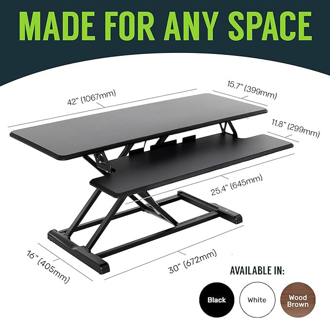 TechOrbits Standing Desk Converter - 42 Inch Adjustable Sit to Stand Up Desk Workstation, MDF Wood, Ergonomic Desk Riser with Keyboard Tray, Desktop Riser for Home Office Computer Laptop, Black 42" - size: 42" MDF Wood