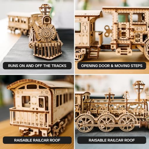Wood Trick Toy Train Set 3D Wooden Puzzles for Adults to Build | [405 Parts] Locomotive w/ Railway Track - Engineering DIY Wooden Model Kit for Adults to Build