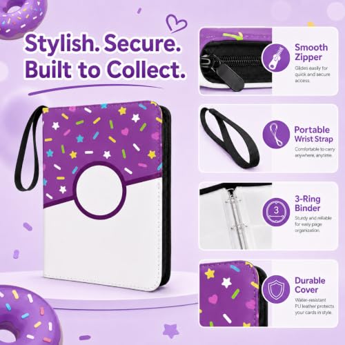 4 Pocket Card Binder 400 Card Holder Album, Purple Donut Trading Cards Holder Zipper Binder for Girl Teen Collection (Purple Donut, 400 Pocket) - color: Purple Donut, size: 400 Pocket