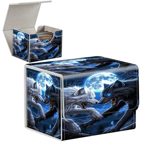 PU Leather Deck Box for MTG Commander Cards, Fits 100+ Double Sleeved Cards, Secure Magnetic Trading Card Storage Case for TCG CCG,Black White Howling Wolves - color: Black White Howling Wolves