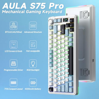 AULA S75 PRO Wireless Mechanical Keyboard with Screen&Knob, 75% Hot Swappable Gaming Keyboard with Pre-lubed Switches, RGB Backlit, PBT Keycaps Creamy Sounding Pc Gaming Keyboards - color: White&Blue
