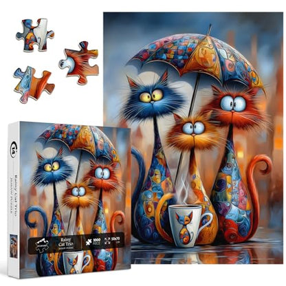 Cat Jigsaw Puzzles 1000 Pieces, PICKFORU Funny Kitten Puzzle for Adults Umbrella, Hard Cute Animal Art Theme as Home Decor