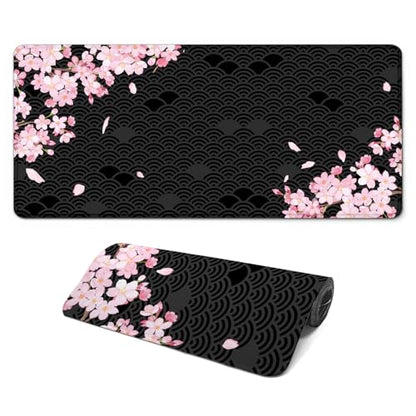 Gaming Mouse Pad with Anti-Slip Rubber Base, Extended Large Computer Mouse Mat with Stitched Edges, Long XL Anime Mousepad for Laptop and Keyboard, 31.5 x 11.8 inch (Black Cherry Blssom) - color: Black Cherry Blssom