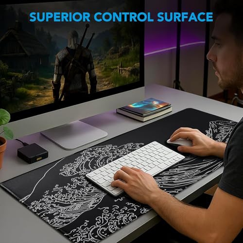 Large Gaming Mouse Pad, Waterproof Mousepad with Stitched Edges, Non-Slip Rubber Base, XXL Computer Long Keyboard Mouse Mat for Gamer, Office & Home, 31.5" x 15.7", Waves - color: WAVES, size: 31.5 inches x 15.7 inches