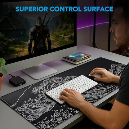 Large Gaming Mouse Pad, Waterproof Mousepad with Stitched Edges, Non-Slip Rubber Base, XXL Computer Long Keyboard Mouse Mat for Gamer, Office & Home, 31.5" x 15.7", Waves - color: WAVES, size: 31.5 inches x 15.7 inches