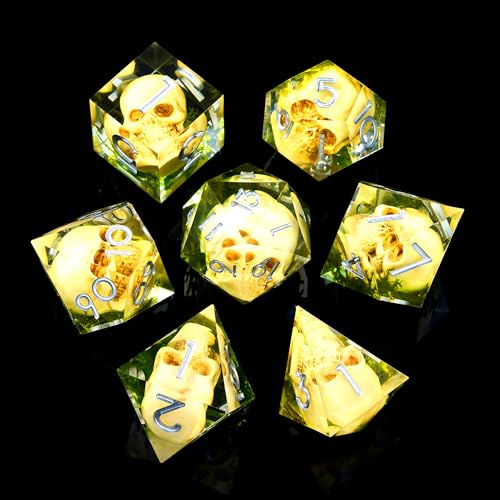 Froggod Transparent Moss & Skull Dice Set with Gift Box for DND RPG, 7Pcs | Transparent resin DND role playing dice with moss skull design and sharp edges for MTG, tabletop games and collectors - color: Transparent