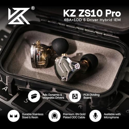 Linsoul KZ ZS10 Pro, 4BA+1DD 5 Driver in Ear Monitor, HiFi Wired Earbuds, Gaming Earbuds, Hybrid IEM Earphones with Stainless Steel Faceplate, Detachable Cable for Musician(Without Mic, Black) - color: Black, style: Without Mic