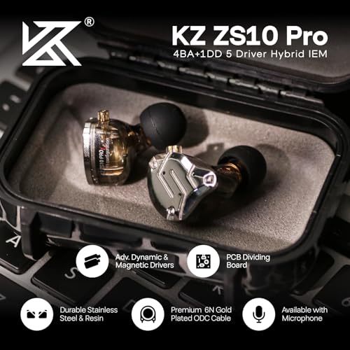 Linsoul KZ ZS10 Pro, 4BA+1DD 5 Driver in Ear Monitor, HiFi Wired Earbuds, Gaming Earbuds, Hybrid IEM Earphones with Stainless Steel Faceplate, Detachable Cable for Musician(with Mic, Black) - color: Black, style: With Mic