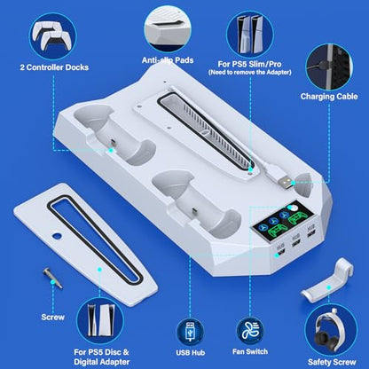 PS5/Slim/Pro Cooling Station with Controller Charging Station for PlayStation 5 Slim/Pro Console, PS5 Cooling Stand Cooler Accessories Incl Cooling Fan, 3 USB Hubs, Headset Holder, Screw - White - color: White