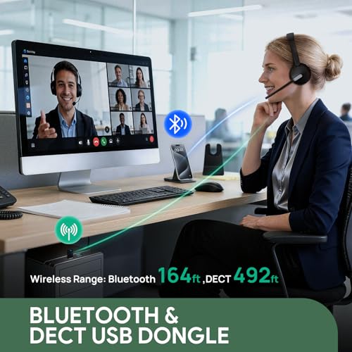 Yealink WH64 Hybrid DECT Dongle & Bluetooth Wireless Headset for Work | Teams & Zoom Work Headphones with Charge Stand, 492ft Long Range, 3X Noise Canceling Mic, 32-Hour Battery Life for Office - style: WH64 Hy-Dual with Stand