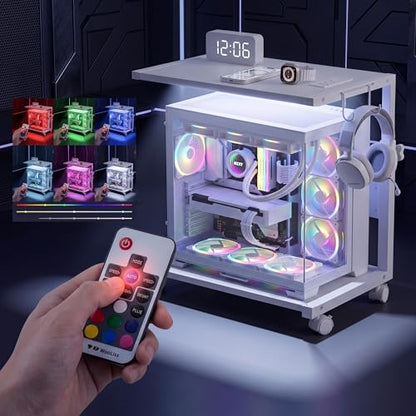 Height Adjustable PC Tower Stand with Charging Station | Computer Tower Stand with LED Light Strip, 23.6" × 15.7" Mobile Rolling CPU Holder for Office Home (White Texture,Large) - color: White Texture, size: 23.6'' × 15.7''