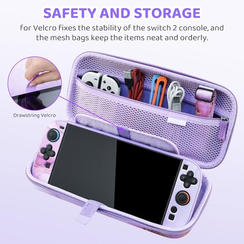 FUNDIARY Travel Carrying Case for Nintendo Switch 2 with Purple Marble Design, Cute Accessories with Portable Storage Bag, Dockable Protective Cover, Screen Protector, Shoulder Strap and 2 Thumb Caps
