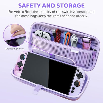 FUNDIARY Travel Carrying Case for Nintendo Switch 2 with Purple Marble Design, Cute Accessories with Portable Storage Bag, Dockable Protective Cover, Screen Protector, Shoulder Strap and 2 Thumb Caps