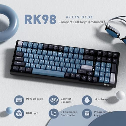 RK ROYAL KLUDGE RK98 Wireless Mechanical Keyboard, Triple Mode 2.4G/BT5.1/USB-C Hot Swappable Keyboard with Number Pad, Pre-lubed Linear Switches RGB Backlit Gaming Keyboard, Software Support - color: Blue, size: Hot Swap Red Switch