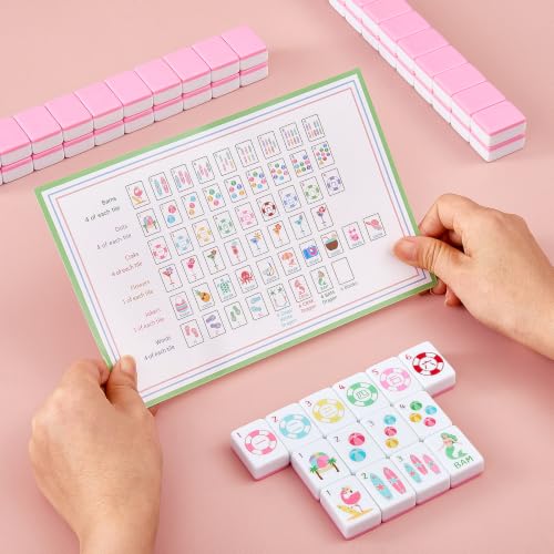 160 Engraved American Mahjong Tile Set Summer Design 1.2" Pink Melamine with Portable Storage Bag and Accessories, 1.2" Mahjong Game Set Cute Design