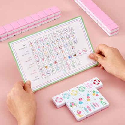 160 Engraved American Mahjong Tile Set Summer Design 1.2" Pink Melamine with Portable Storage Bag and Accessories, 1.2" Mahjong Game Set Cute Design