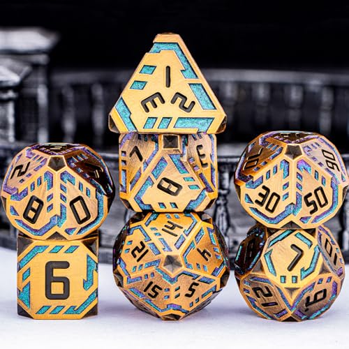 Metal DND Sci-fi Dice Set 7PCS Stripe Polyhedral Dice for Dungeons Dragons RPG Role Playing Game, Glitter D and D Dice with Gift Box D6 D8 D10 D12 D20 (Ancient Gold&Green Purple) - color: Ancient Gold - Green Purple